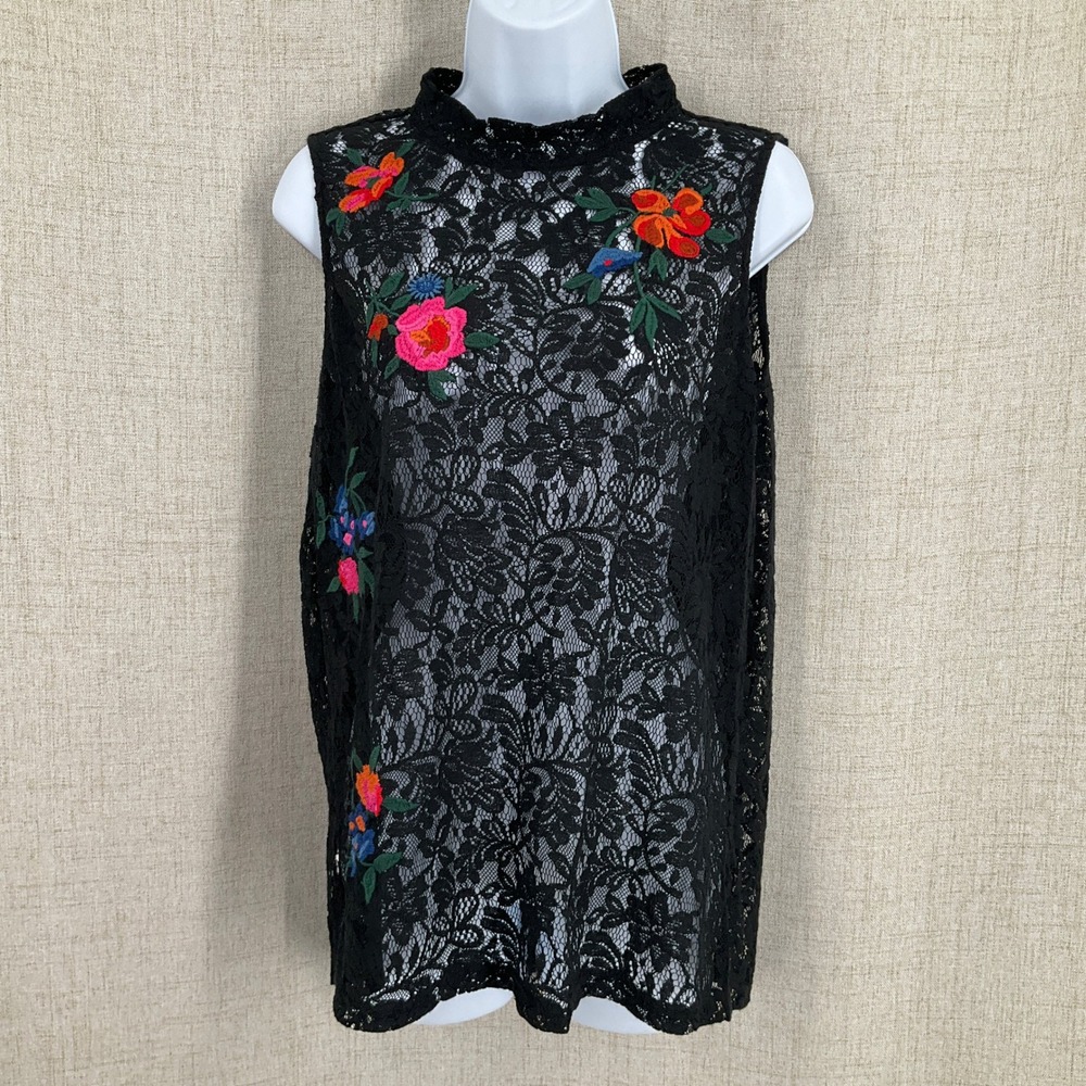 Loft Lace Top Womens Medium Black Floral Embroidered Mock Neck Sleeveless Boho